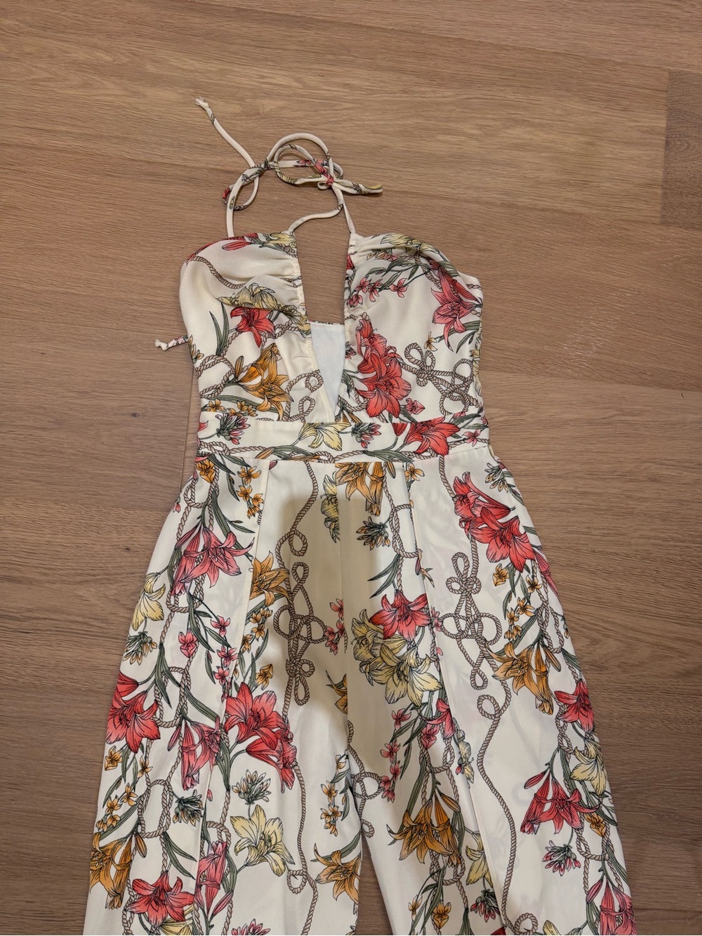 Katie May Cream Halter Floral Jumpsuit with Red & Yellow Blooms
